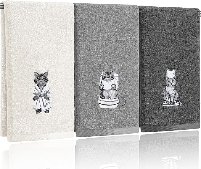 3 Pcs Cat Bathroom Hand Towels Set Cute Black Cat Embroidered Decorative Funny