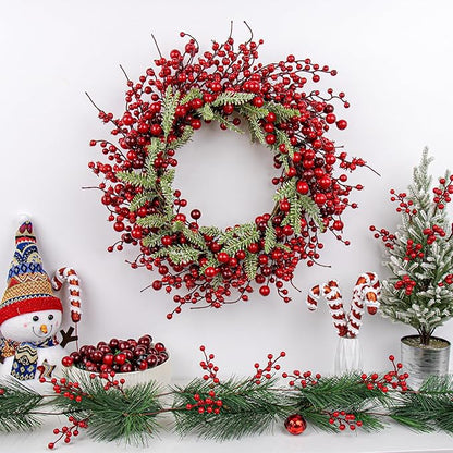 20 Inches Red Christmas Wreath Farmhouse Christmas Wreaths for Front Door Classic Winter Holiday Wreath with Red Berry Fir Pine Needle for Doors Window Indoors Porches Outside