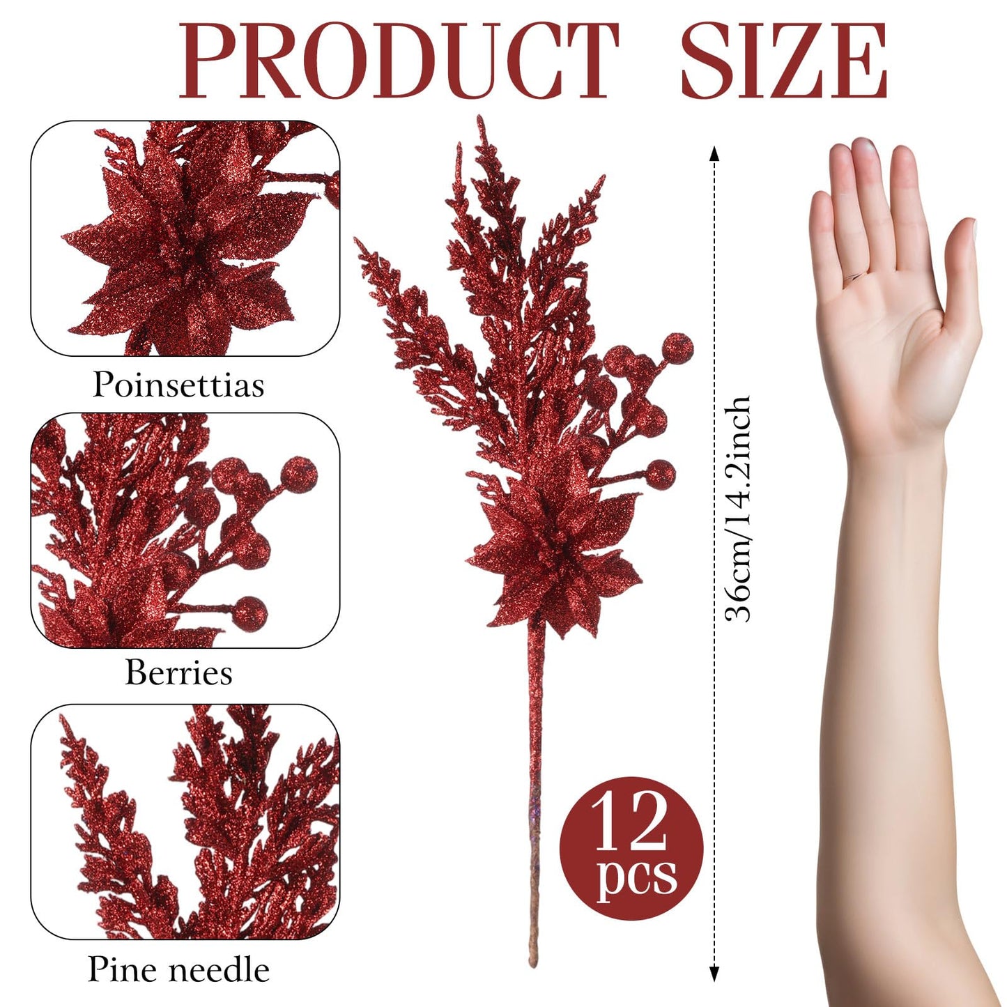FineCheer 12 Pcs Glitter Christmas Picks Decoration Artificial Berry Branches Pine Needles Spray and Poinsettia Flowers Christmas Tree Ornaments for Xmas Decor Wreaths Wreath Vase Fillers(Burgundy)