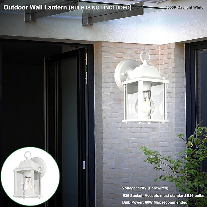 LIT-PaTH Outdoor Wall Lantern, Wall Sconce as Porch Lighting Fixture, E26 Base, Aluminum Housing Plus Glass, Water-Proof and Outdoor Rated, ETL Qualified, 2-Pack, White