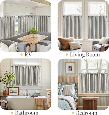 jinchan Double Layer Striped Linen Kitchen Tier Curtain Rustic Cafe for Living Room Bathroom Half Window Curtain Light Filtering Rod Pocket 1 Panel 36 Inch Charcoal Grey