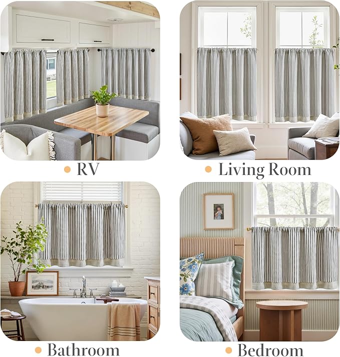 jinchan Double Layer Striped Linen Kitchen Tier Curtain Rustic Cafe for Living Room Bathroom Half Window Curtain Light Filtering Rod Pocket 1 Panel 24 Inch Charcoal Grey