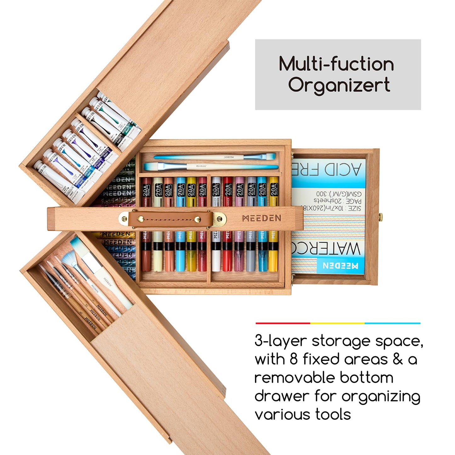 MEEDEN Artist Supply Storage Box - Portable Foldable Multi-Function Beech Wood Artist Tool & Brush Storage Box with Compartments & Drawer for Pastels, Pencils, Pens, Markers, Brushes
