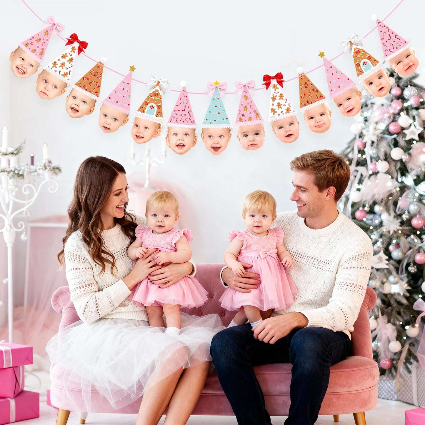 K KUMEED Custom Face Christmas Banner,Bow Birthday Photo Banner from Newborn to 12 Months Gingerbread Christmas Hat Theme Monthly Milestone Photograph Bunting Garland