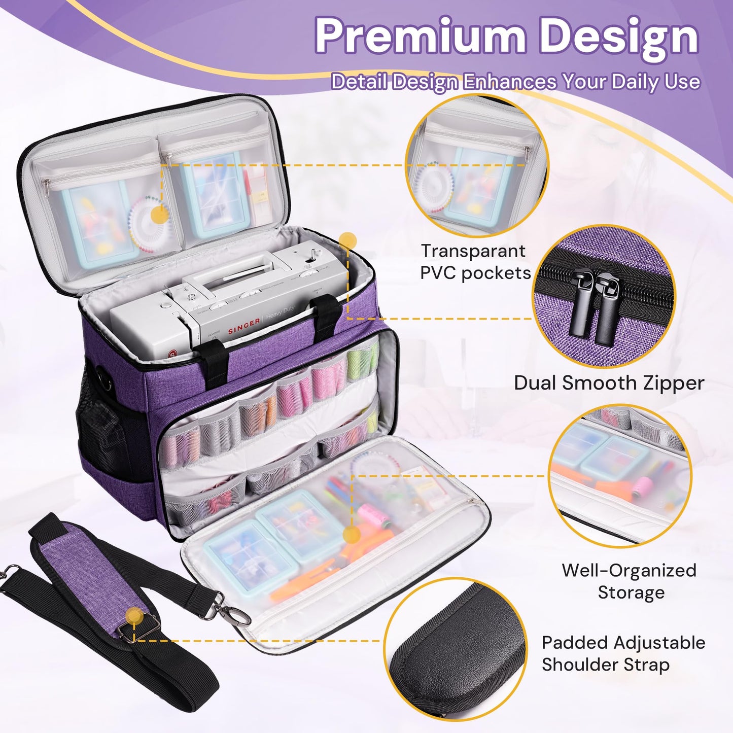 Golkcurx Sewing Machine Carrying Case with Removable Bottom Pad, Side Pocket for Sewing Kit Storage and Adjustable Shoulder Strap, Universal Sewing Machine Bag Fits Standard Singer, Brother, Janome