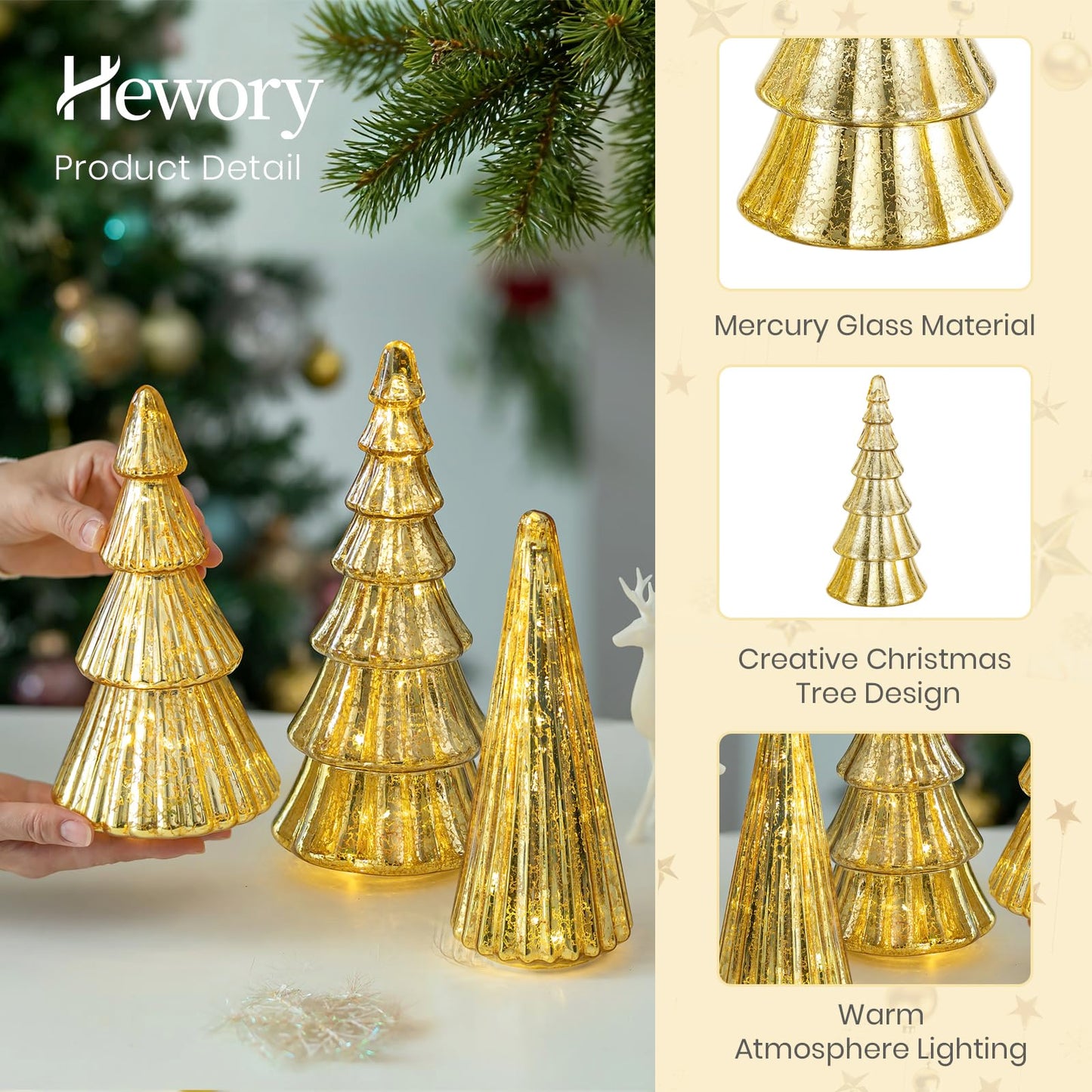 Hewory Mercury Glass Christmas Tree: Set of 3 Gold Table Top Christmas Ornaments Trees with LED Lights, Christmas Centerpiece Table Decorations Indoor for Dining Fireplace Mantel Winter Holiday Decor