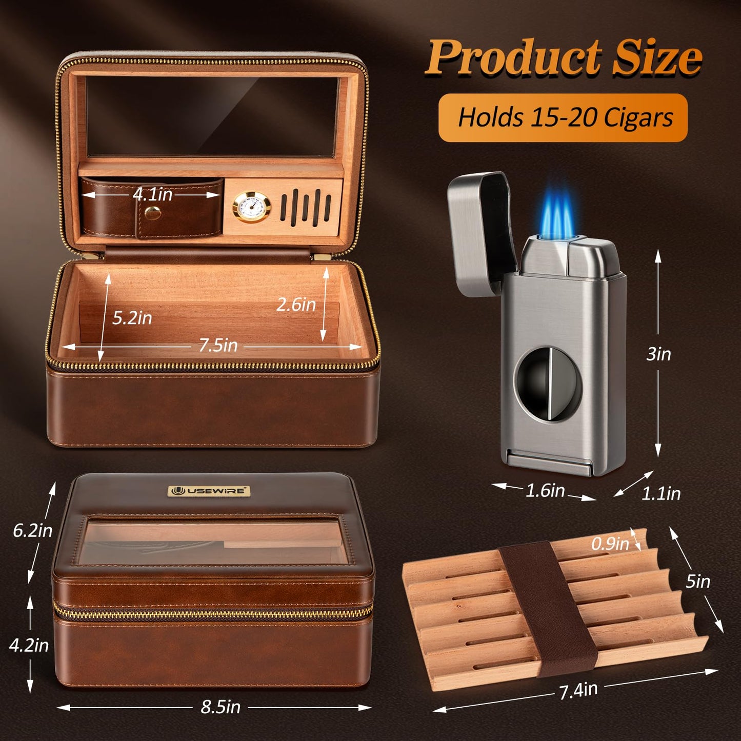 Usewire Cigars Humidor, Travel Cigar Humidor Case, Cedar Wood Double Layer Cigar Box with Built-in Humidifier, Glass Top Cigar Humidor with Cigar Lighter, Cigar Accessory Gift Set for Men(No Butane)