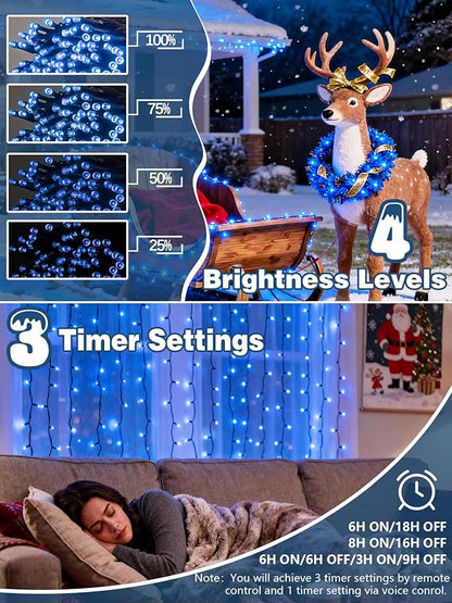 Voice Controlled Christmas Lights with Remote, 99 FT 300 LED String Lights Indoor Outdoor with 12 Modes 3 Timers, Dimmable Twinkle Light Plug in Waterproof for Xmas Tree Yard Party Decorations, Blue