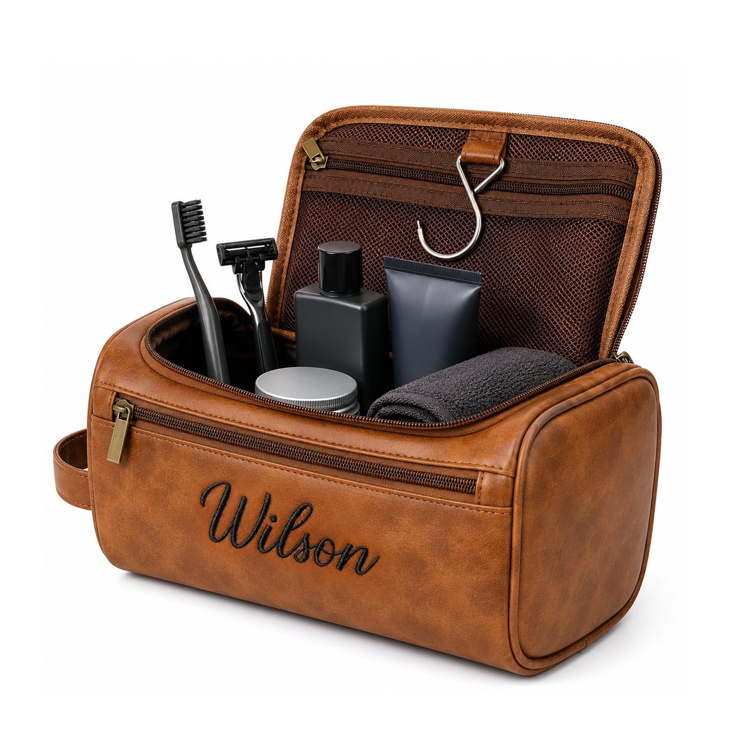 JAXVVIQEN Personalized Toiletry Bag for Papa, Custom Embroidery with Name Letter PU Leather Waterproof Toiletry Organizer Dopp Kit Travel Essential for Dad Grandpa Birthday Father's Day (Light Brown)