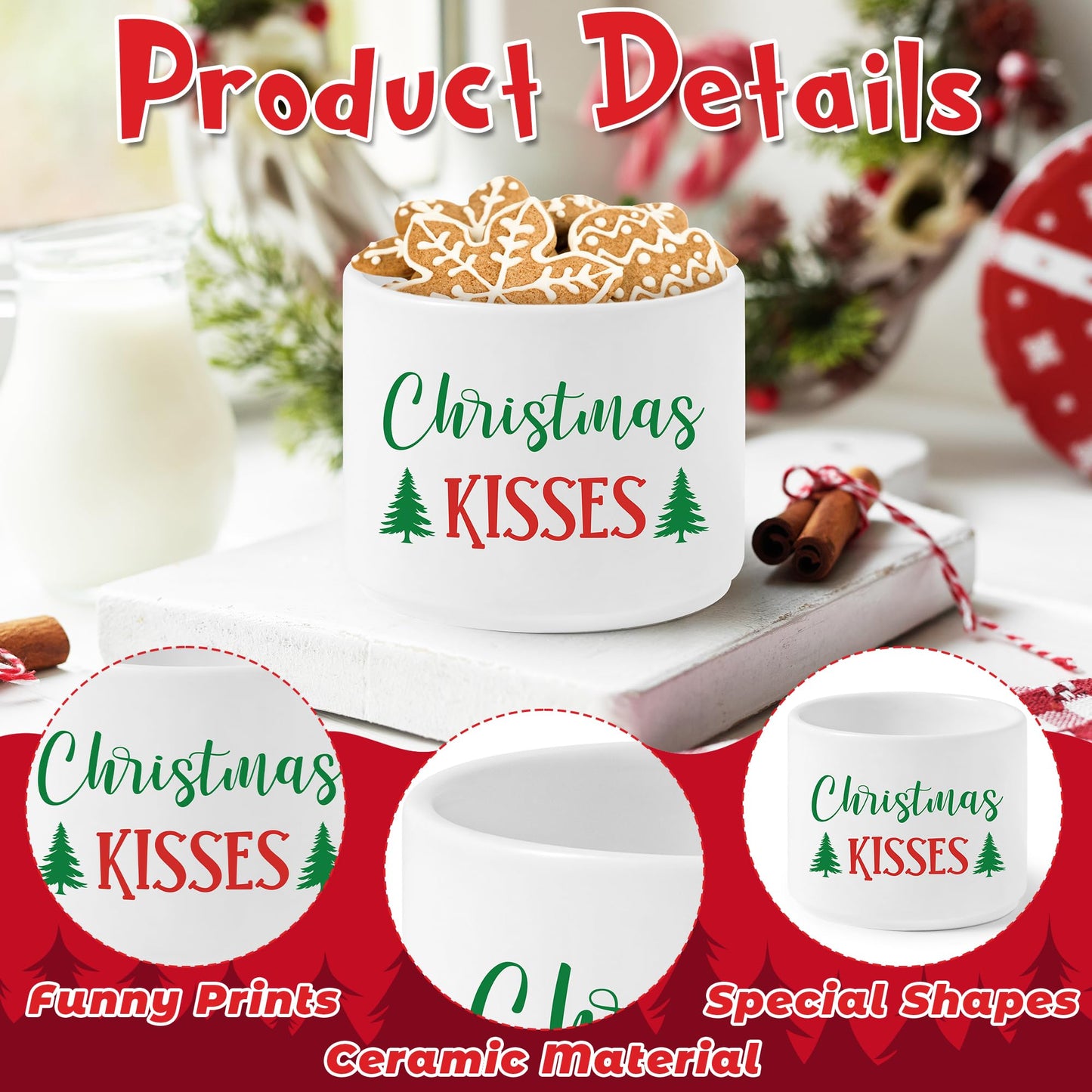 FoszaSzept Candy Dish Cauldron, Christmas Mini Ceramic Candies Bowl Tiered Tray Decor, Snack Serving Bowl Table Wishes Accents for Themed Party Birthday Home Kitchen Events Gifts (Christmas Kisses)