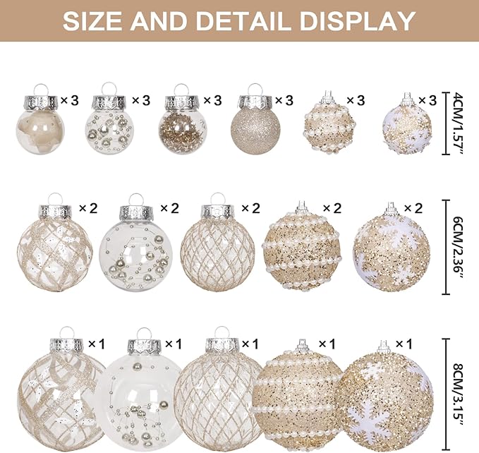 Super Holiday Christmas Ball Ornaments, 33PCS Champagne Clear Shatterproof Plastic Foam Ornaments Set for Hanging Xmas Tree Holiday Thanksgiving Party Decor.