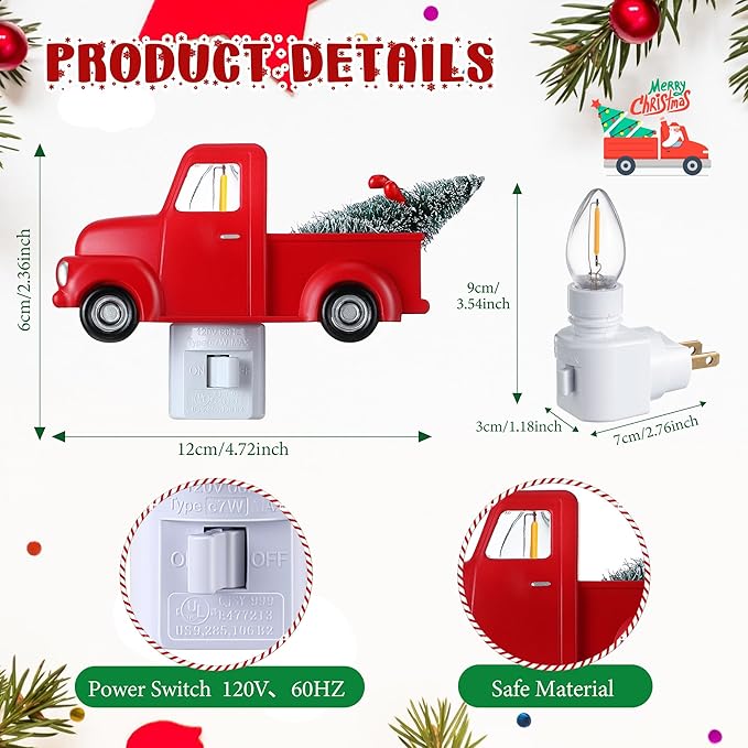 Christmas Red Truck Night Light Plug-in, 120V C7 LED Wall Nightlight Decoration for Bedroom, Bathroom, Kitchen, Hallway, Stairs