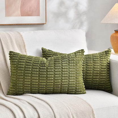 Fancy Homi 1 Pack Boho Moss Green Decorative Throw Pillow Covers 12x24 Inch for Couch Bed Sofa, Rustic Modern Farmhouse Home Decor, Soft Plush Corduroy Cute Rectangle Cushion Case 30x60 cm