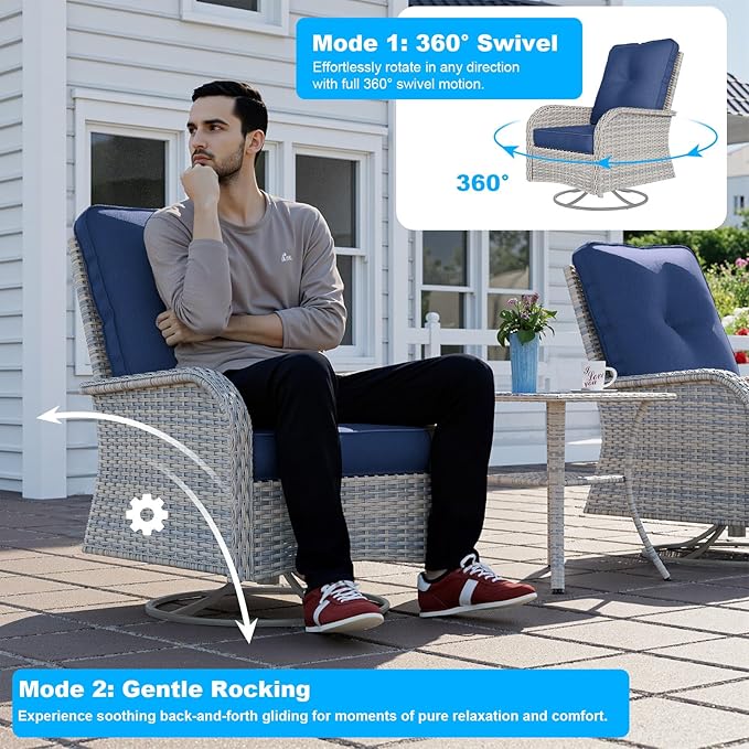 12-Piece Patio Furniture Set, Outdoor Patio Furniture with Swivel Chairs Set, Ottomans, Modular Patio Sofa, Dual-Strand Wicker Rattan, Rust-Resistant Frame, Navy Blue