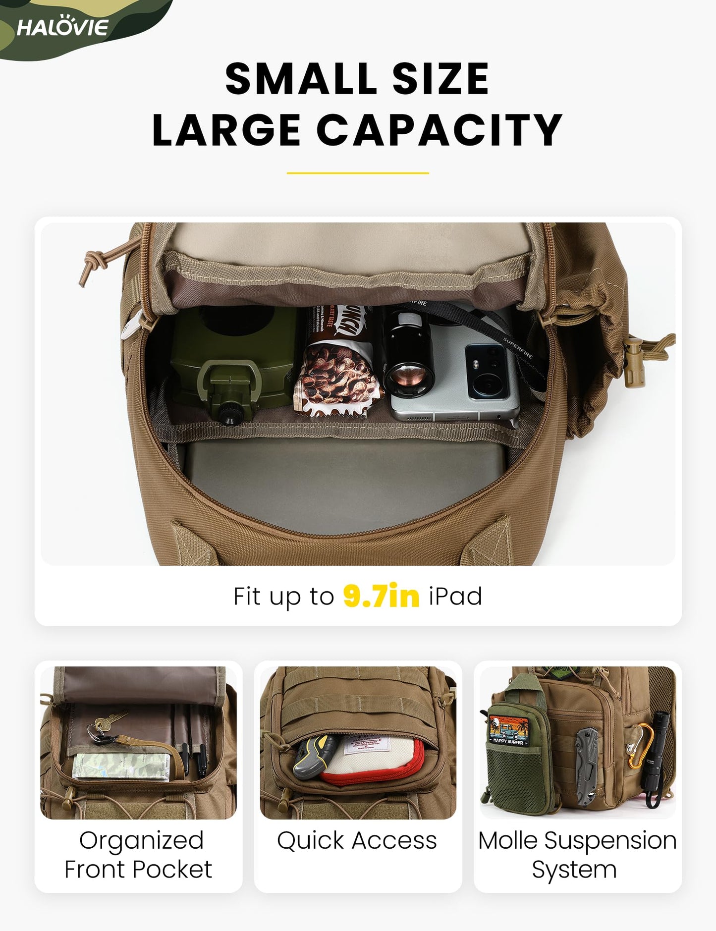 HALOVIE Anti-theft Tactical Sling Bag RFID Khaki Military Shoulder Bag with Phone Pack EDC Molle Crossbody Bag for men