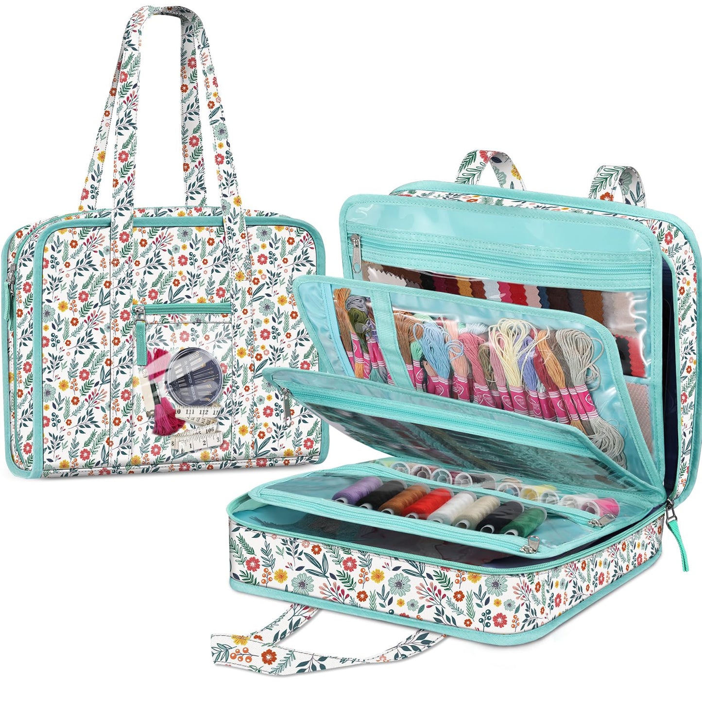 FINPAC Sewing and Craft Supplies Storage Tote, Large Capacity Travel Packing Organizer Bag with Clear Pockets and Handle for Knitting, Crochet, Art, Sewing Accessories (Spring Bloom)