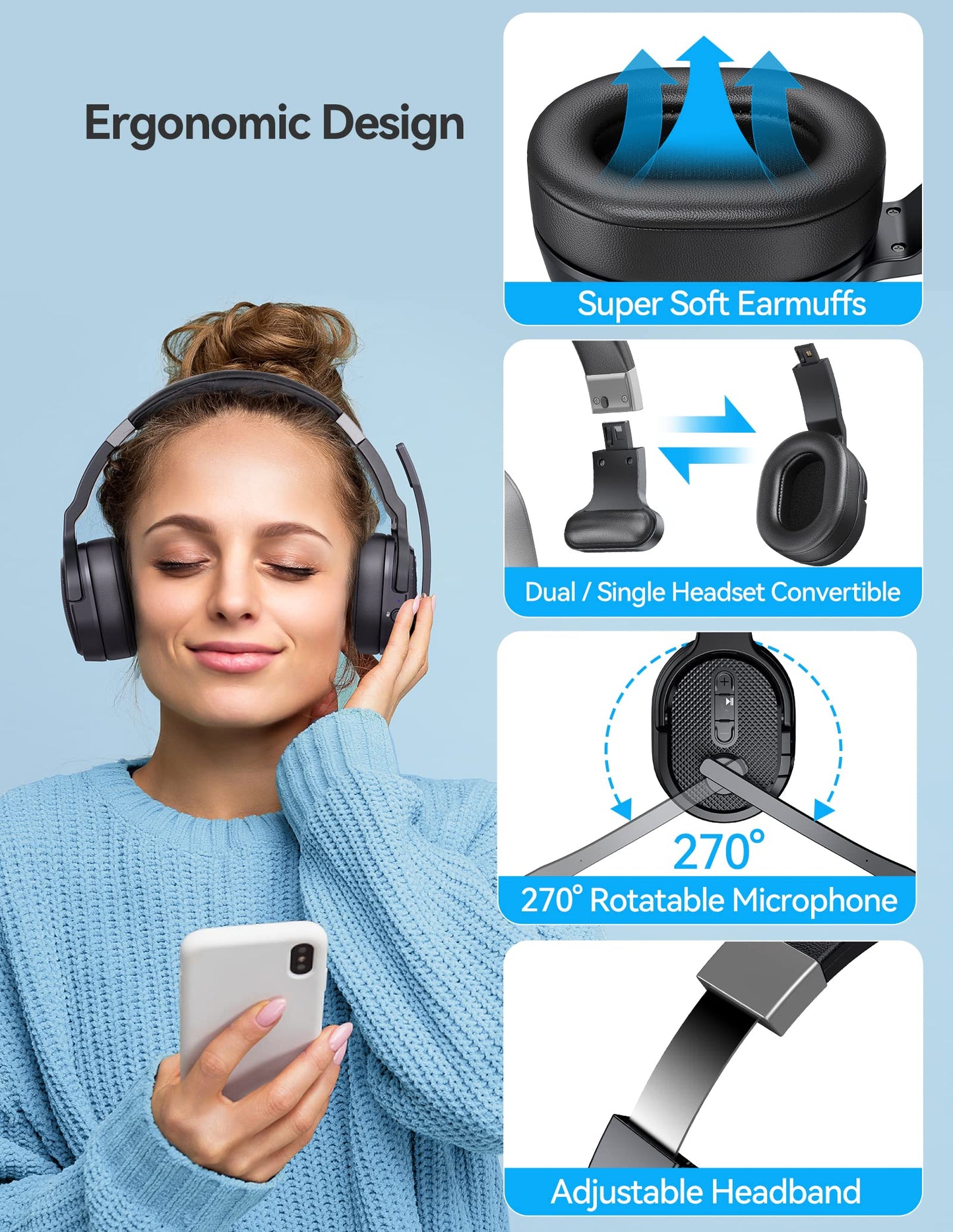 TECKNET Bluetooth Trucker Headset, Single and Dual Ear Wireless Headset with Mic for Work Noise Cancelling, 50Hrs 3 EQ Music Modes Trucker Bluetooth Headphones for PC, Drivers, Office, Call Center