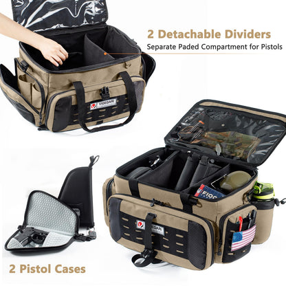 VIGEGARI Large Pistol Range Bag Shooting - Tactical Gun Range Bag with 2 Pistol Cases, Gun Bags for Handguns, Womens Gun Bag for Men, Gun Carrying Duffle Bag for Gun Accessories