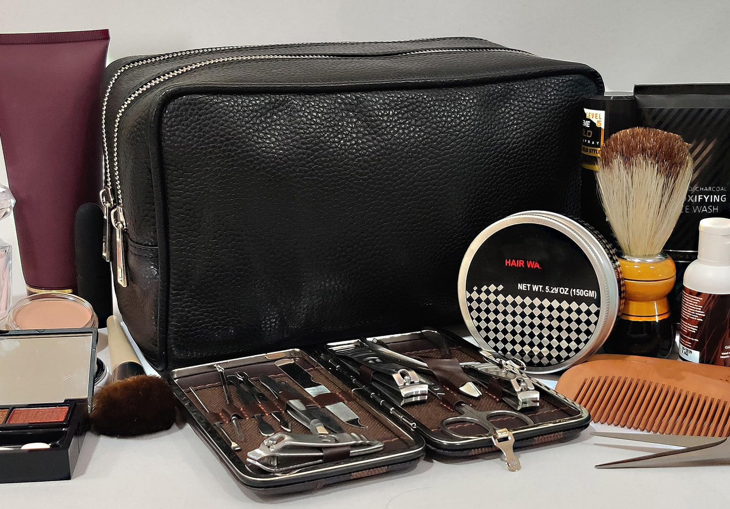 RUSTIC TOWN Full Grain Leather Travel Toiletry Bag - Cosmetic Makeup Kit Organizer (Medium, Black)
