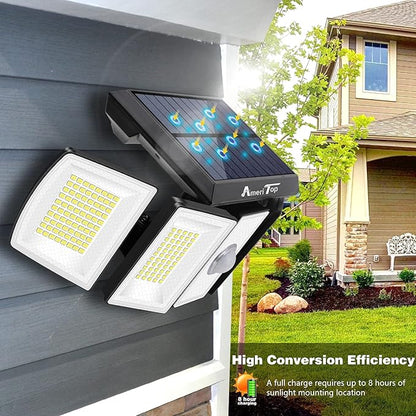 AmeriTop Solar Lights Outdoor 300 LED 6500K Motion Sensor Lights Cordless; 5 Adjustable Heads, 360° Wide Angle Illumination, IP65 Waterproof, Security Flood Light for Patio Yard Garden 2 Pack