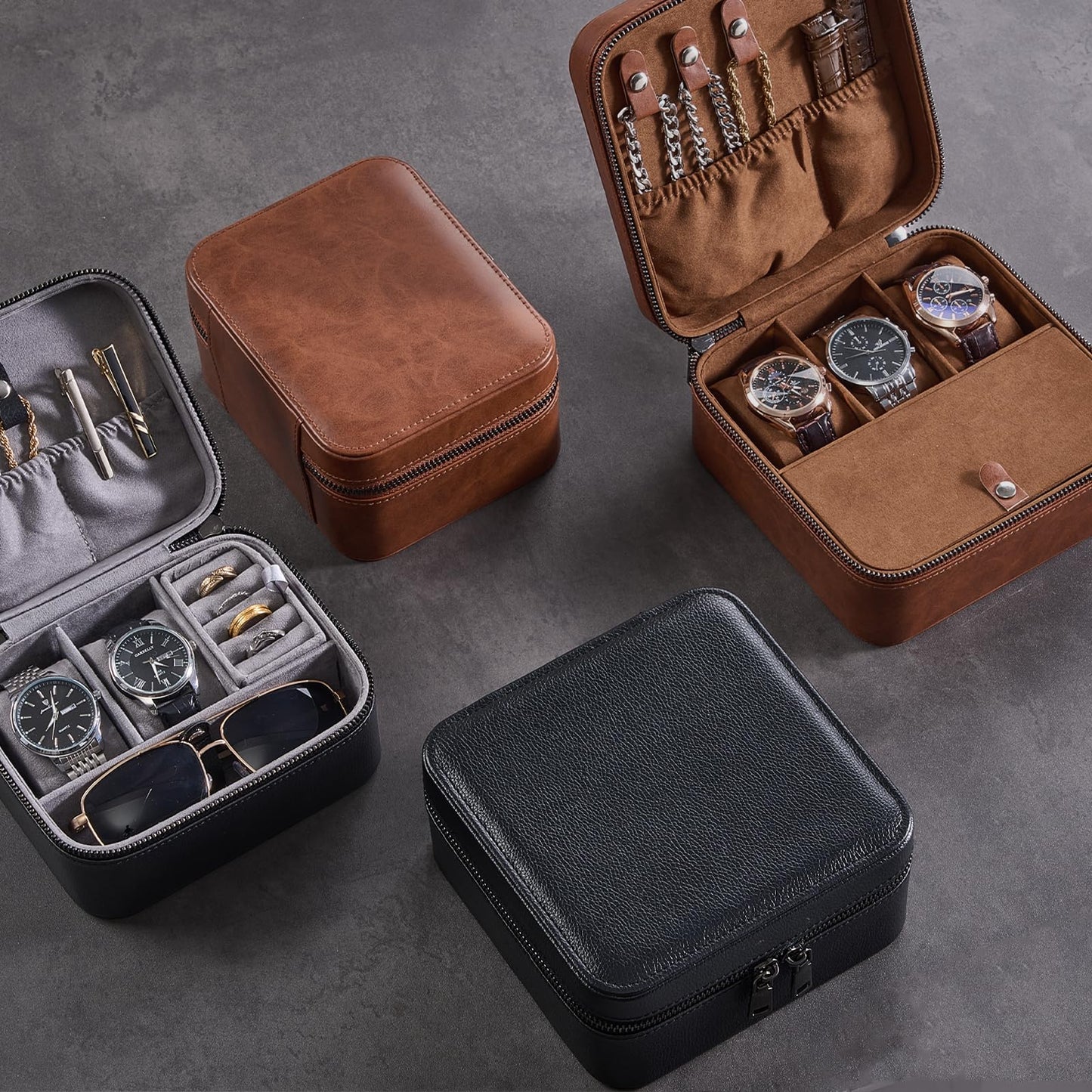 ProCase Travel Watch Case, 3 Slots PU Leather Mens Jewelry Box, Portable Watches Cufflinks Accessories Storage Case, Zippered Carrying Organizer Bag for Man -Lightbrown