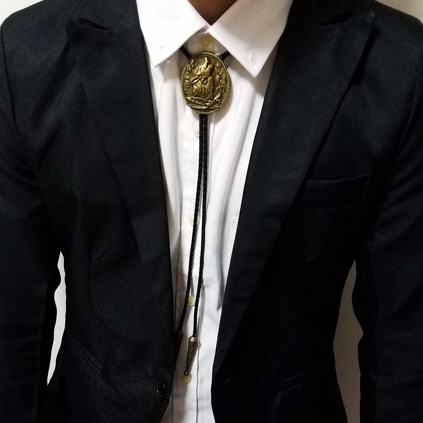 SELOVO Antique Gold Color Western Statement Wolf Shout Bolo Tie Genunie Leather Bolotie for Men