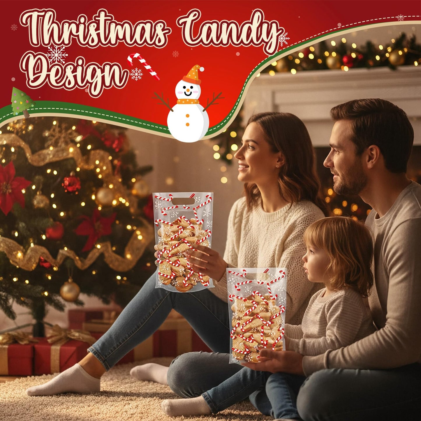 Engrowtic 50 Pcs Christmas Treat Bags Resealable Christmas Zipper Bags Candy Cane Plastic Gift Bag Holiday Bag with Handles for Xmas Party Favor Wrapping Supplies