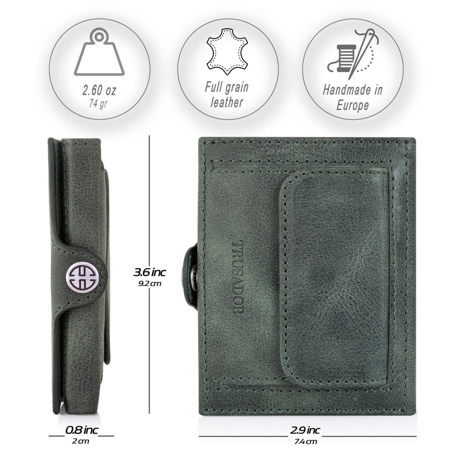 TRUSADOR Valencia Unisex Leather Wallet Small Compact Front Pocket RFID With Coin Pocket Wallets (With Coin Pocket, Green)