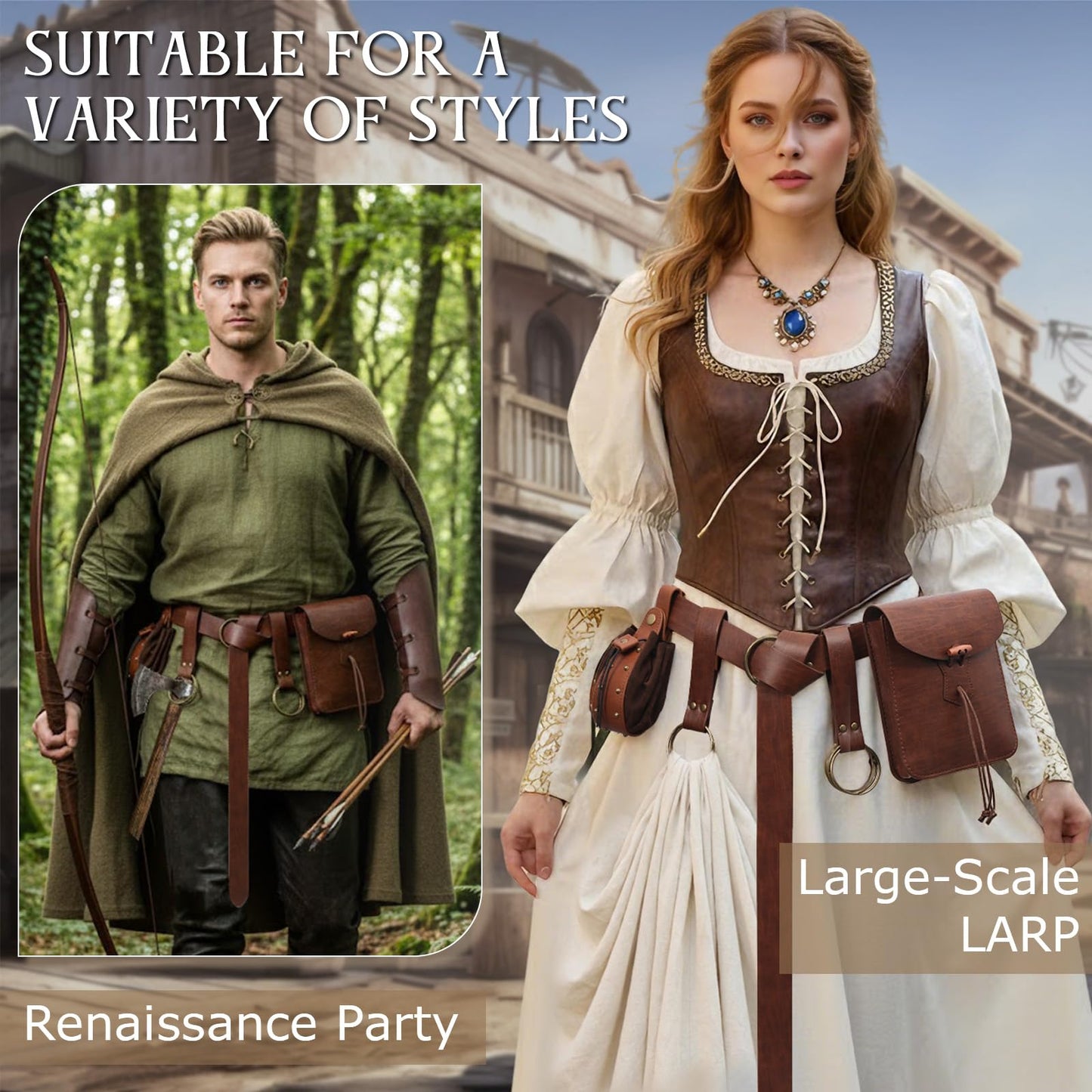 Renaissance Belt Pouch Medieval Pirate Costume Accessories - Viking Faux Leather Waist Bag with Skirt Hikes for Cosplay LARP (Brown)
