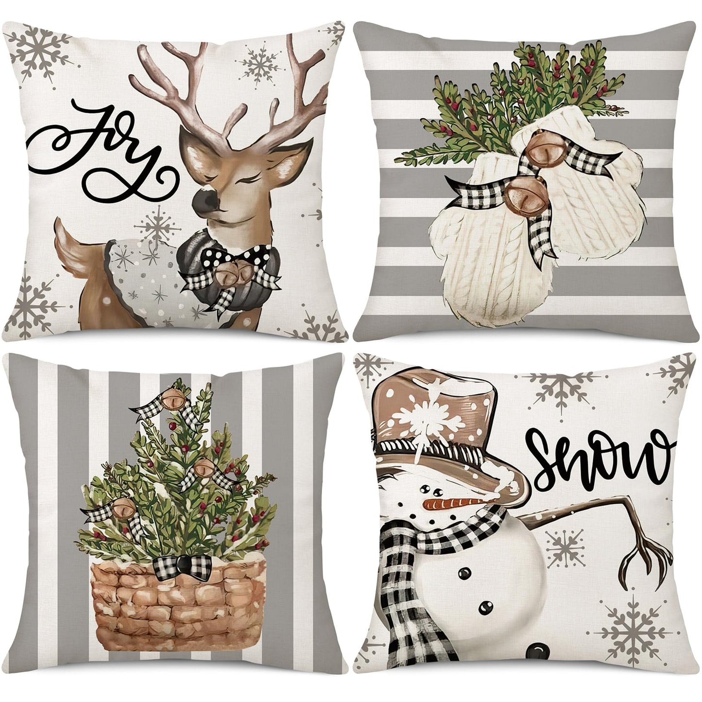 Coeufuedy Christmas Stripe Pillow Covers 18x18 Inch Set of 4 Snowman Reindeer Gloves Eucalyptus Winter Holiday Decorative Farmhouse Cushion Covers for Sofa Couch Living Room