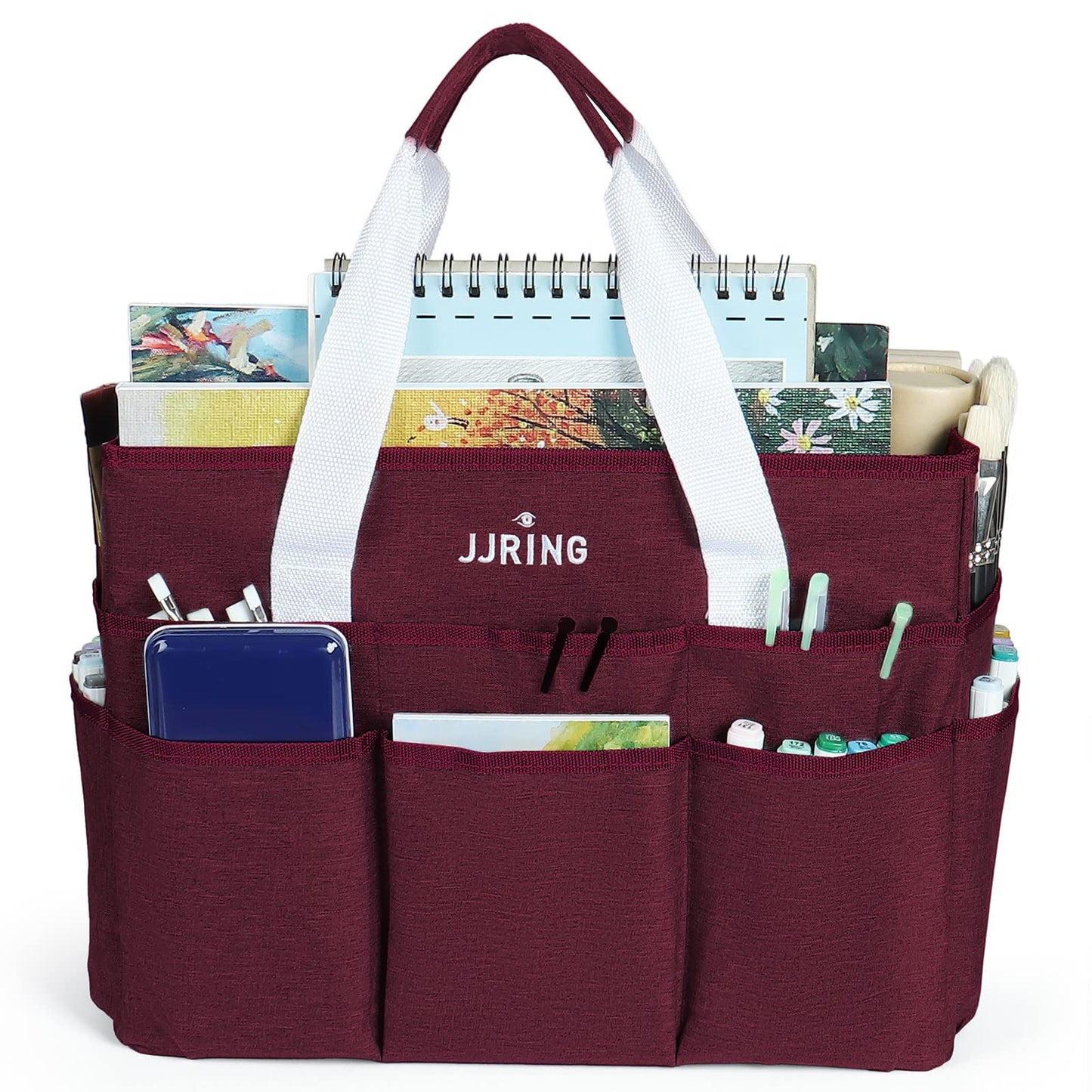 JJRING Craft Organizer Tote Bag, Large Art Storage Caddy with Multiple Pockets, Dark Red Sewing Bag for Art, Craft, Scrapbooking, Medical, and Office Supplies Storage