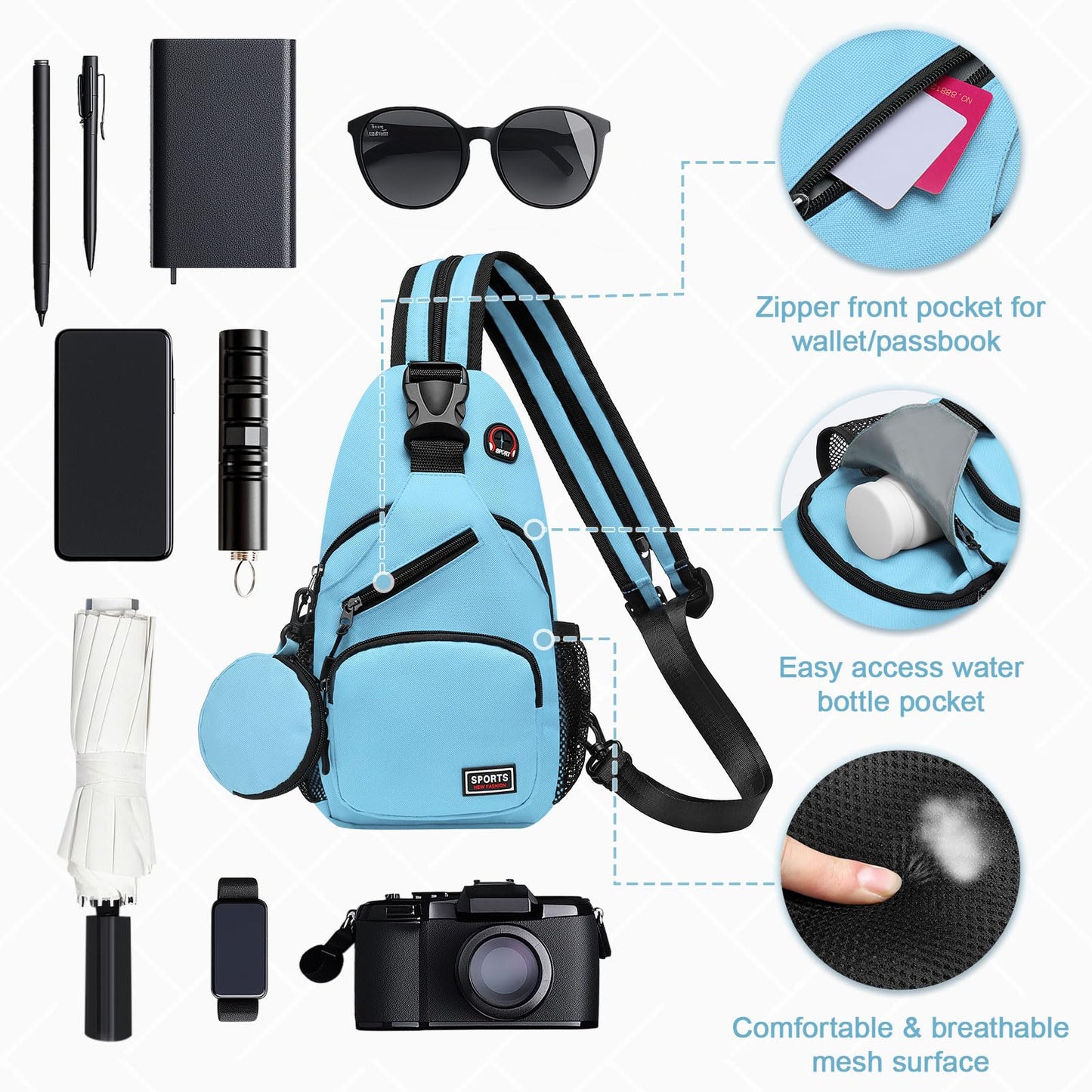 SUIKIHUM Convertible Sling Bag with Coin Pocket, 7.9" Tablet Crossbody Mini Backpack with Headphone Jack Casual Pack for Women Men Travel, Blue