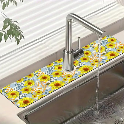 Watercolor Sunflowers Sink Splash Guard Faucet Mat Sunflowers Polka Dots Super
