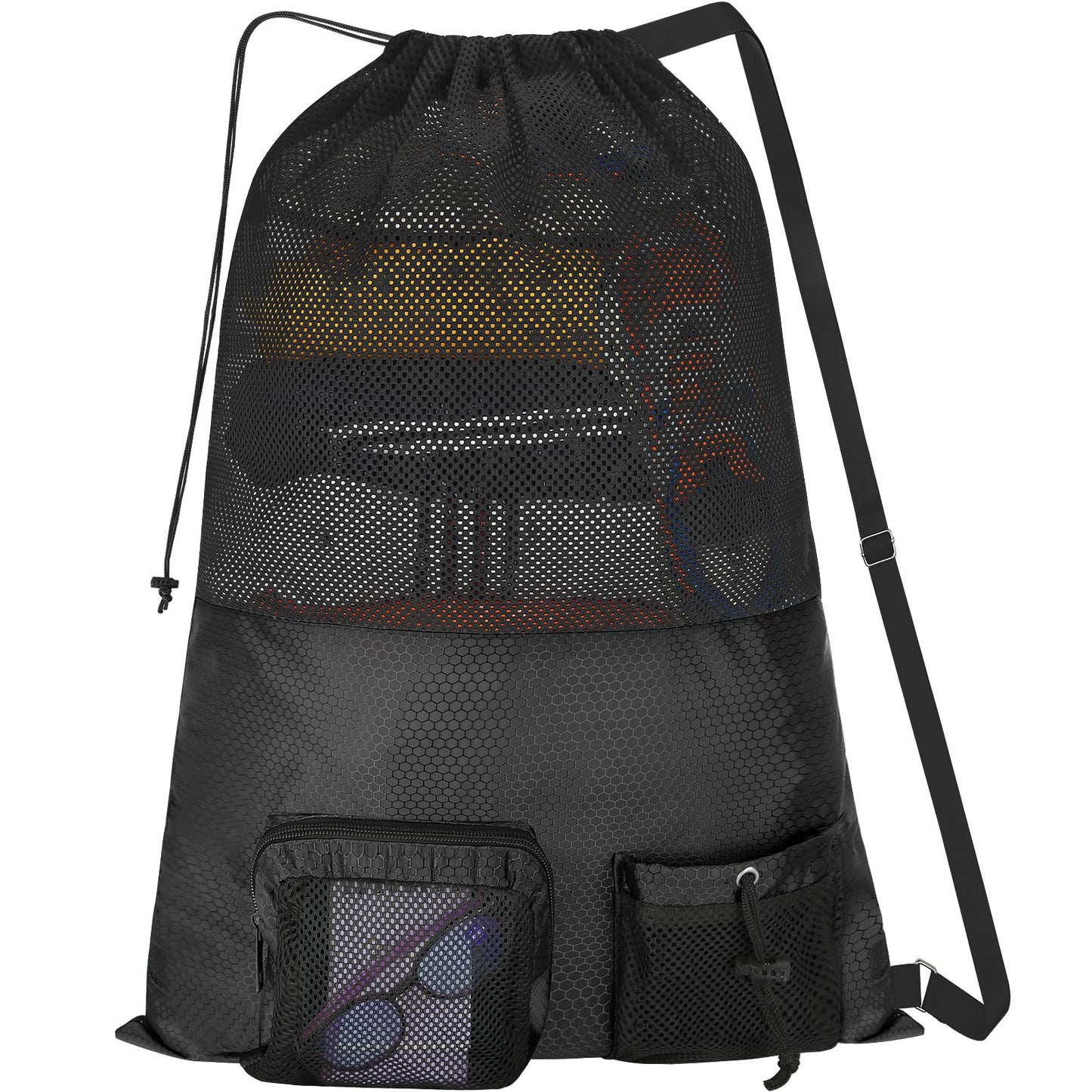 NATURAL STYLE Mesh Drawstring Gym Swim Beach bag, Large Waterproof Pool Sports Backpack for Swimming Gear Workout Yoga Travel (Black)