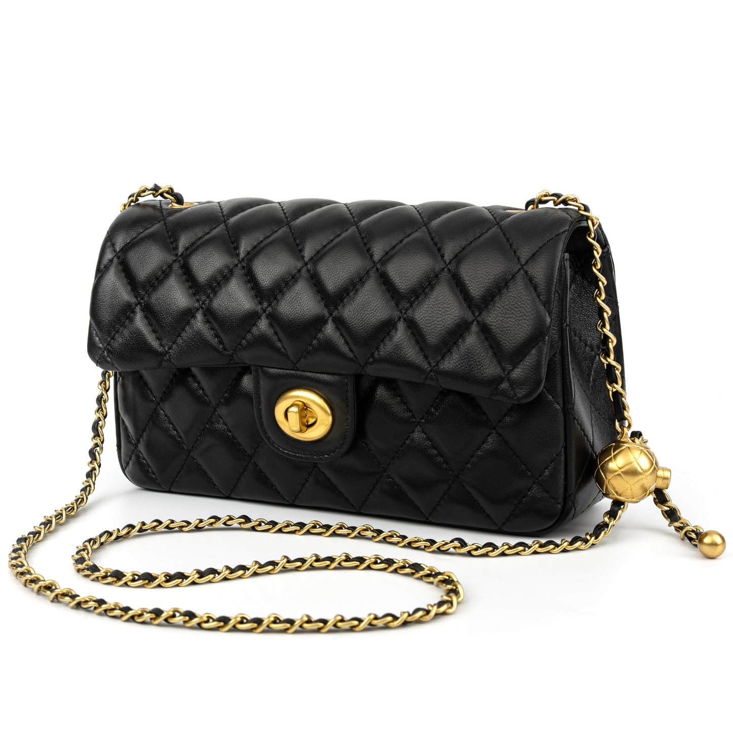 DORIS&JACKY Small Quilted Crossbody Purse for Women, Designer Lambskin Shoulder Cellphone Purse with Twist Lock and Chain Strap (Black)