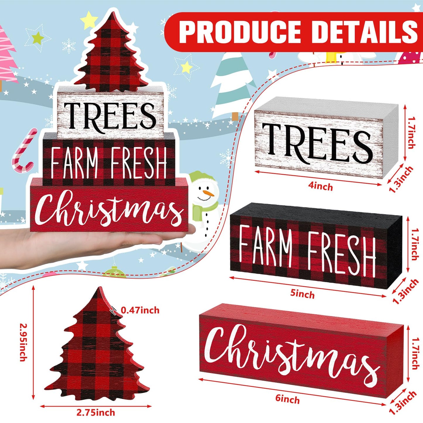 Marsui 4 Pcs Christmas Wooden Tabletop Decor Neutral Christmas Decor Rustic xmas Tree Block Sign Buffalo Plaid Table Centerpiece for Home Office Desk Tiered Tray Farmhouse Decorations