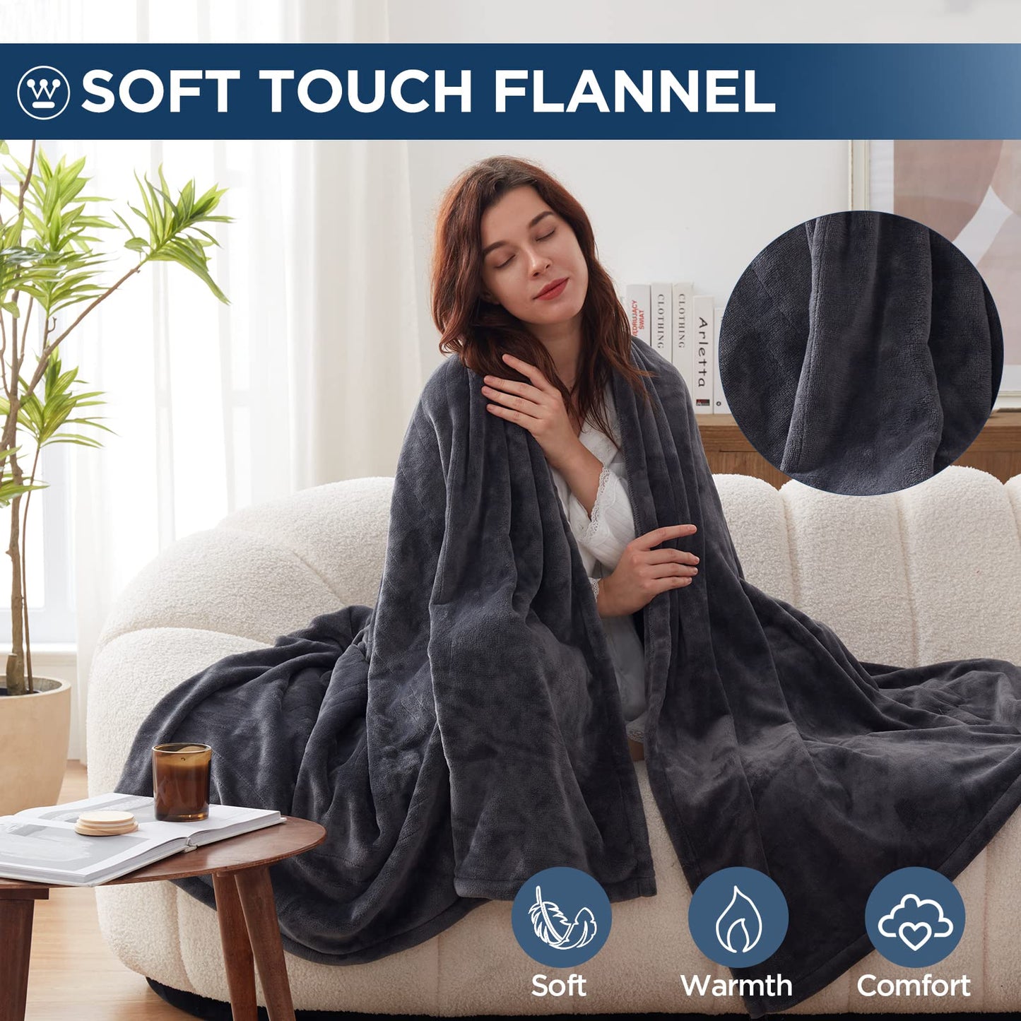 Westinghouse Electric Blanket Heated Throw, Super Cozy Soft Flannel 50"" x 60"" Heated Throw with 6 Fast Heating Levels & 2-10 Auto-Off, Machine Washable, ETL&FCC Certification, Navy Blue