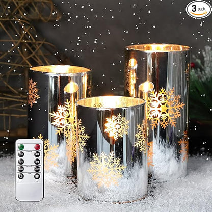 Christmas Flameless Candles Snowflake Electroplate Glass Candle Battery Candle with Timer Remote Realistic Pillar Candle for Xmas Home Decor Holiday Set of 3
