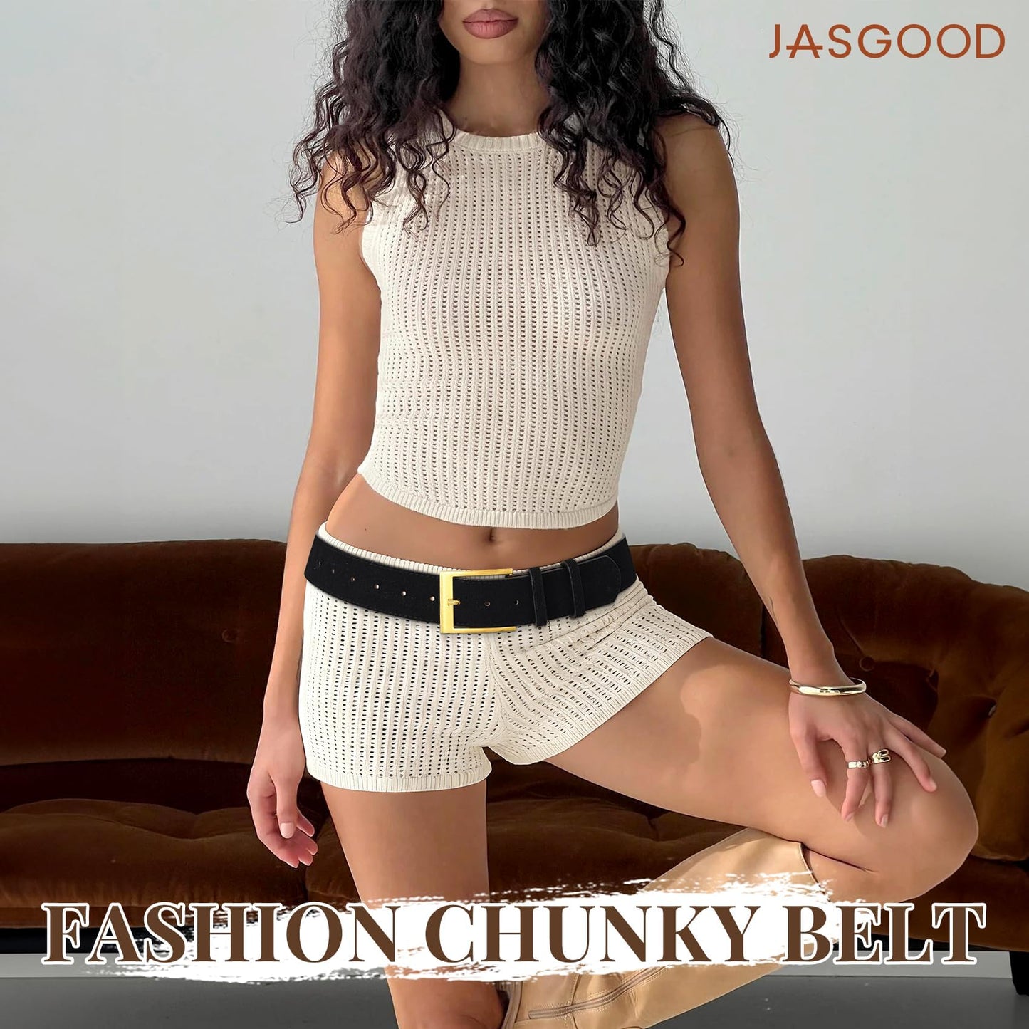 JASGOOD Women Wide Chunky Belt for Dresses Thick Suede Leather Belt with Gold Buckle