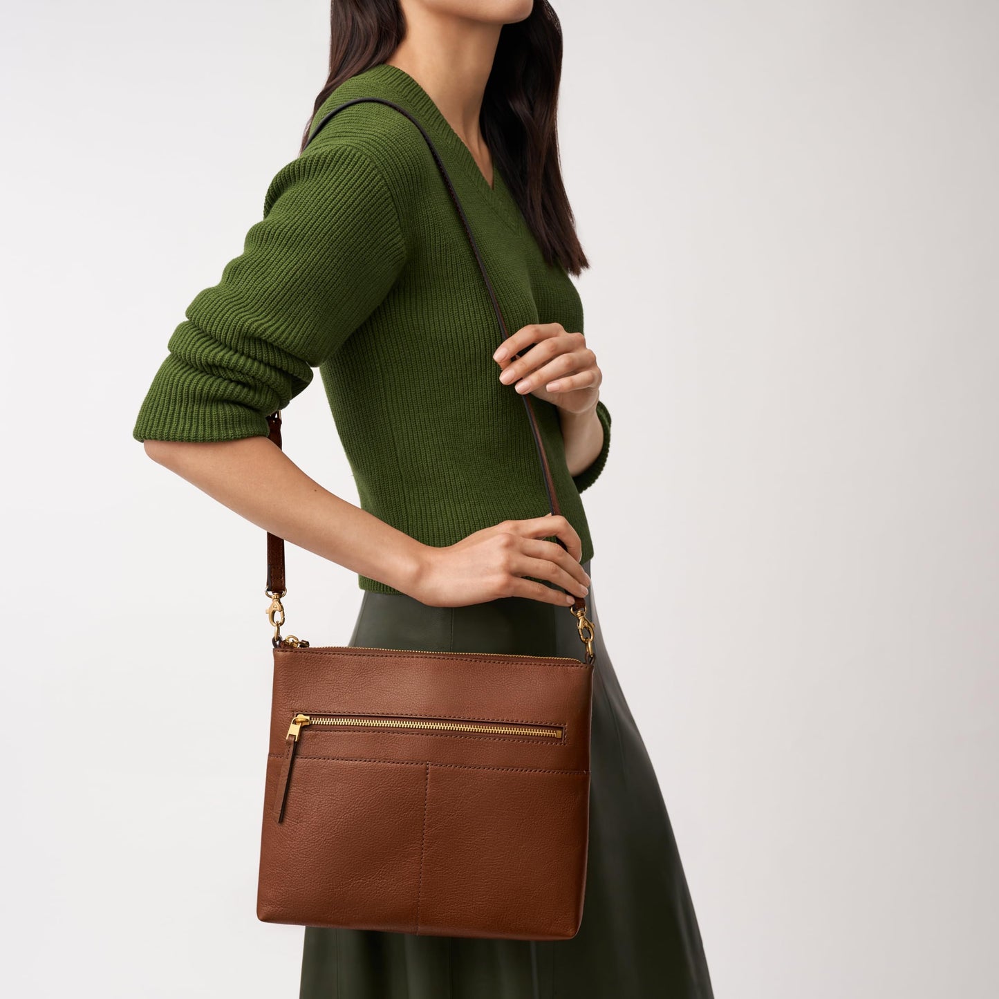 Fossil Women's Fiona Leather Small Crossbody Purse Handbag, Brown (Model: ZB7668200)