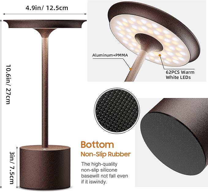 Cordless Table Lamp, Portable Rechargeable 6000mAh Outdoor Table Lamp, 3 Color Stepless Dimming Battery Powered Lamp, LED Table Light for Dinner/Bedroom/Restaurant/Outdoor (Rust)