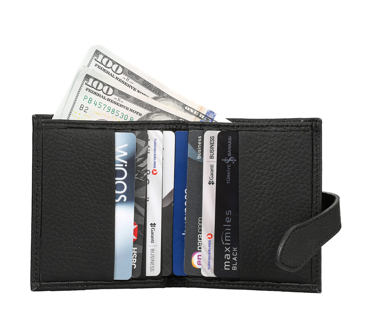 grande 3803 Genuine Leather Card Holder For Women and Men Slim Minimalist Card Case Small Snap Wallet (Black)
