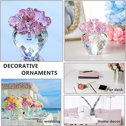 LONGWIN Crystal Rose Flower Figurines Collectible Glass Spring Bouquet with Vase Home Decor Romantic Gifts for Women Pink