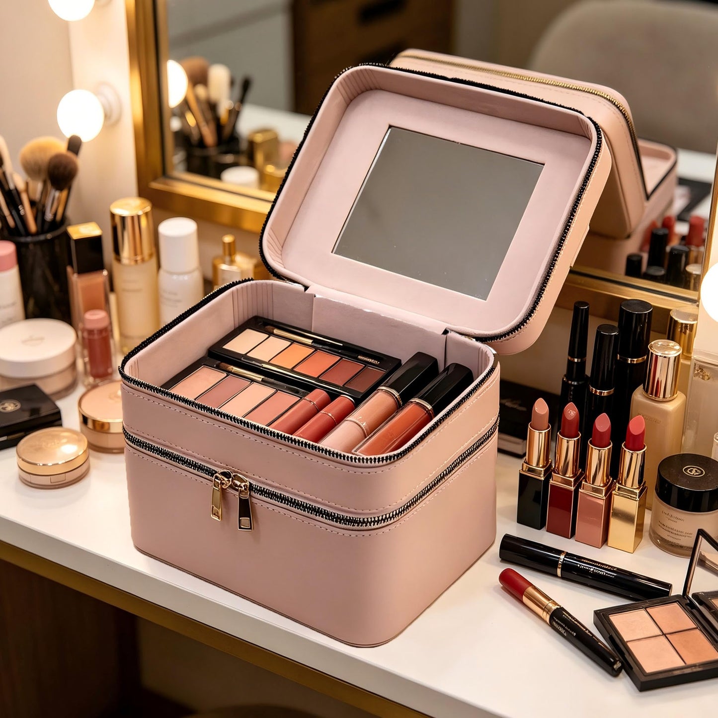 RCFJ b y K L A N D Hard Makeup Case with Mirror and Flower-Patterned PU Leather Cosmetic Bag
