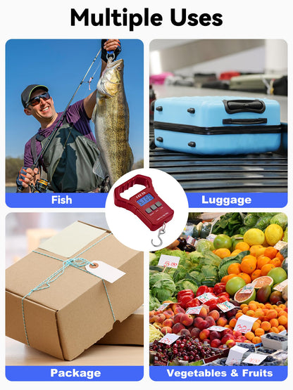 HEETA Fish Scale, 110lb/50kg Digital Portable Hanging Fishing Weight Scale with Backlit LCD Display, Luggage Scale with Non-Slip Large ABS Handle & 2 AAA Batteries, Fishing Gifts Gear for Men, Red