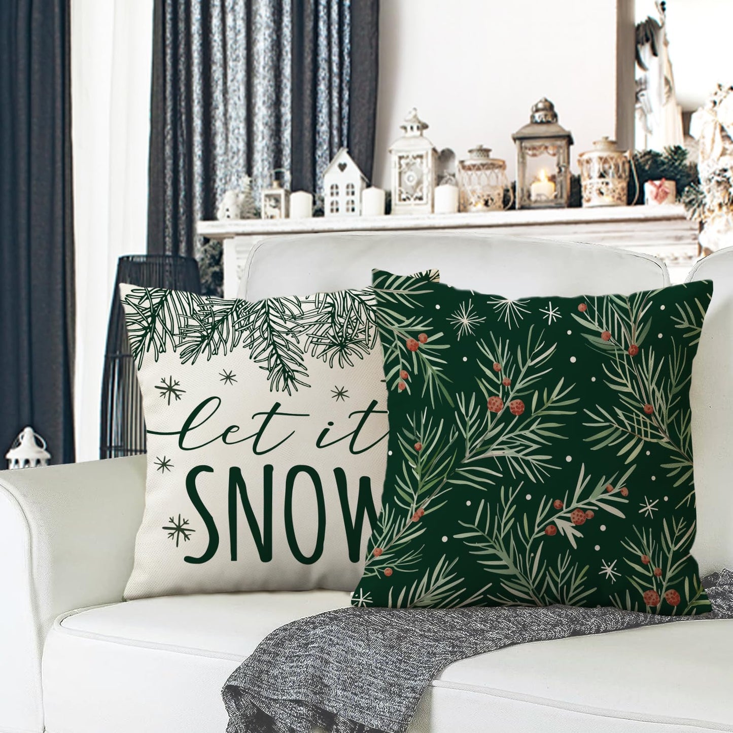 Fahrendom Winter Vibes Green Decorative Throw Pillow Covers 18 x 18 Set of 4, Let It Snow Pine Cones Needle Berry Porch Patio Outdoor Pillowcase, Christmas Seasonal Sofa Couch Cushion Case Home Decor