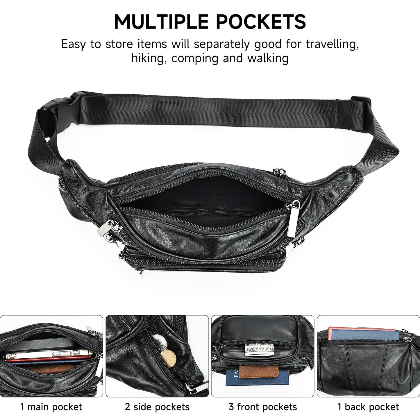 Genuine Leather Fanny Pack Men Women Multi-Pockets sling Waist Bag For Travel Sports Hiking Cycling Fishing Running Black Small