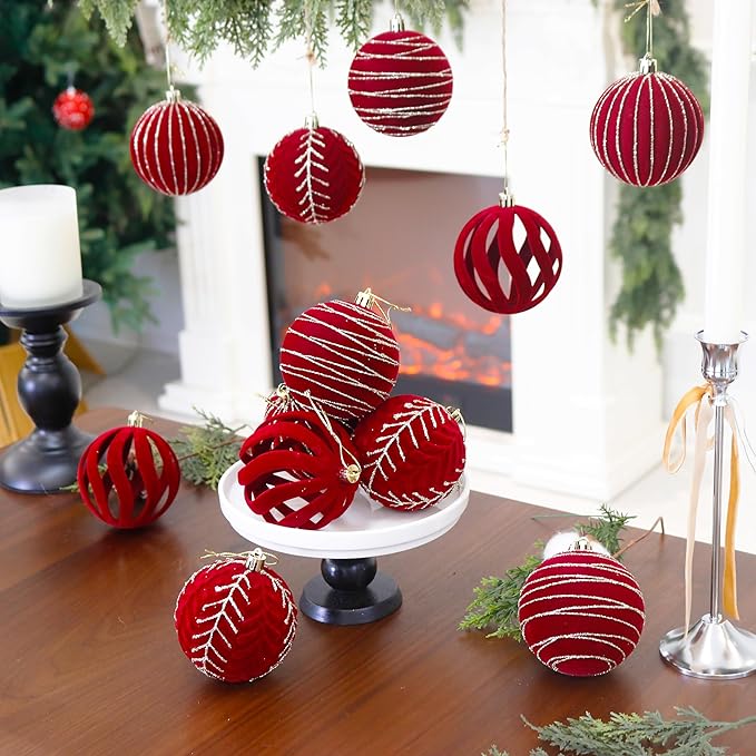 4inch Velvet Ornaments for Christmas Tree, 9PCS Glitter Flocked Christmas Ornaments Decorations Balls Set Decor Red