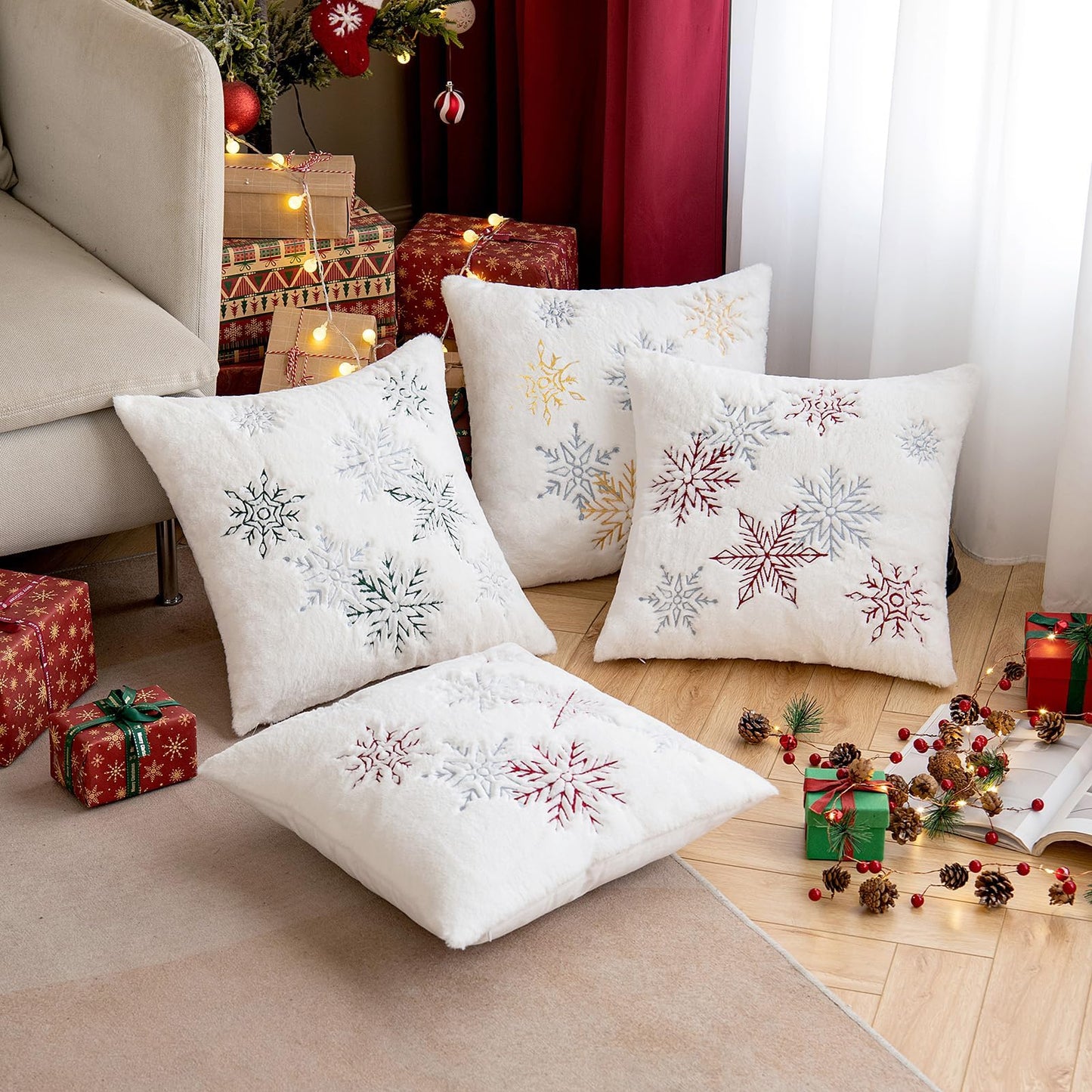 MIULEE Pack of 2 Christmas Decorative Throw Pillow Covers Soft Faux Fur Pillow Cases with Embroidery Snowflake Winter Cute Pillowcases Holiday Decor for Couch Sofa Bedroom, 16×16 Inch, Burgundy