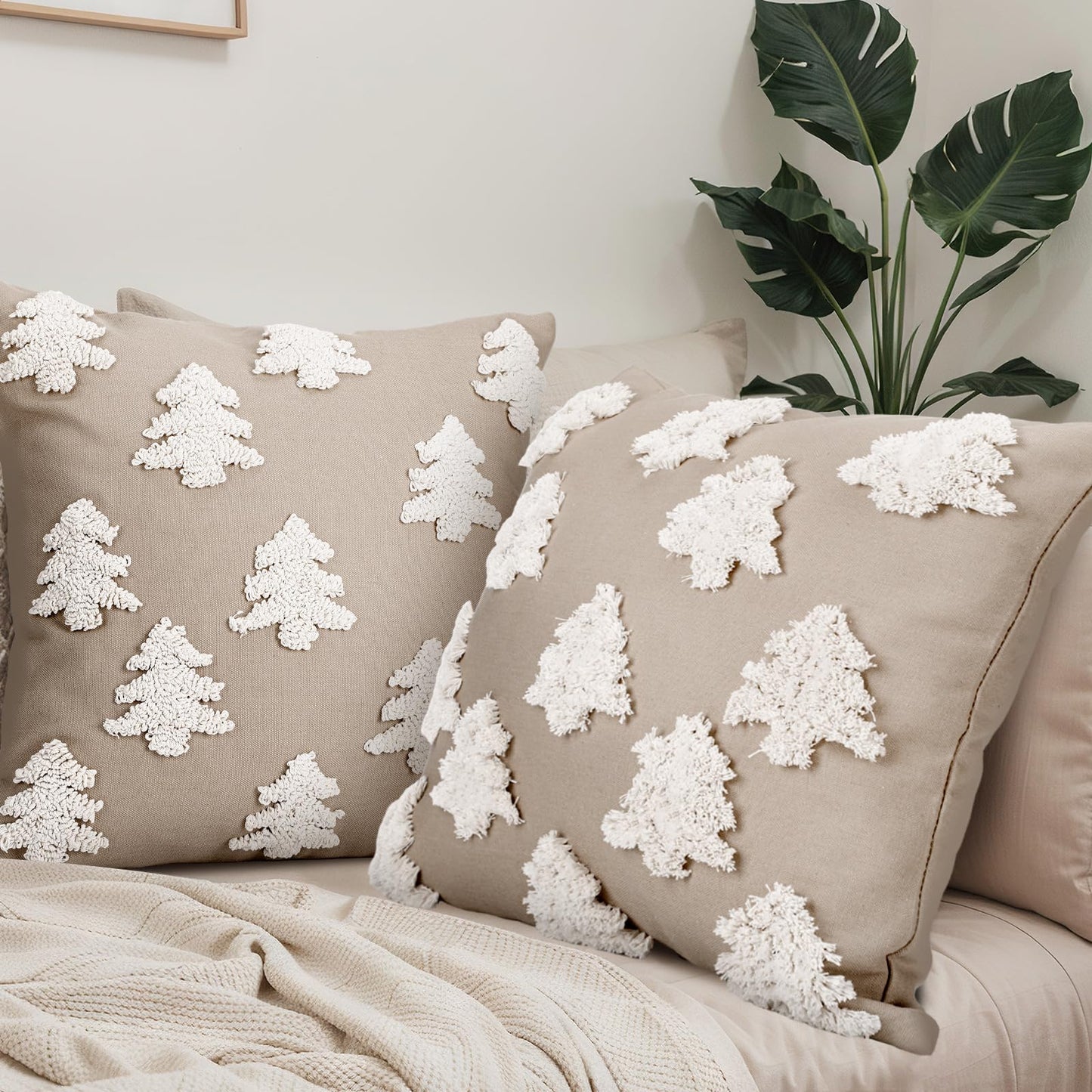 Mixweer 2 Pcs Christmas Pillow Covers 18x18 Inch Neutral Christmas Tree Embroidery Throw Pillow Covers Decorative Throw Cushion Case for Xmas Winter Holiday Decoration (Beige)